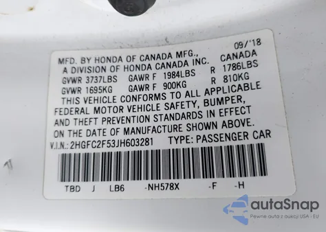 2018 Honda Civic Lx z USA, uszkodzony, nr VIN 2HGFC2F53JH603281